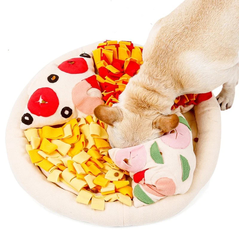 Pizza-themed dog sniffing mat for training and fun, made from soft polar fleece with anti-skid base.