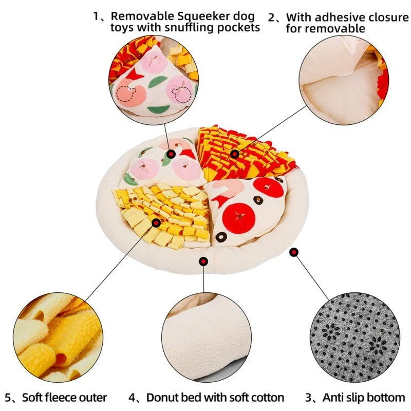 Pizza-themed dog sniffing mat for training and fun, made from soft polar fleece with anti-skid base.