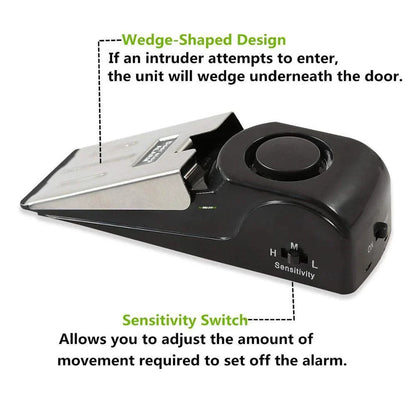 Wedge-shaped home security alarm with ABS construction and loud siren to deter intruders