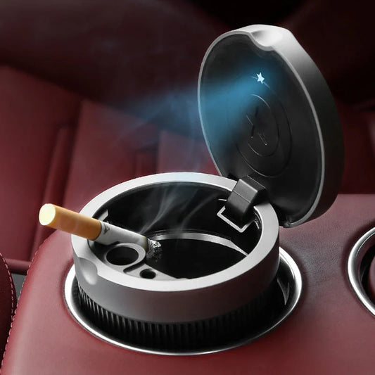 Vehicle-mounted frosted ashtray with LED light and lid in dark grey, red, and silver