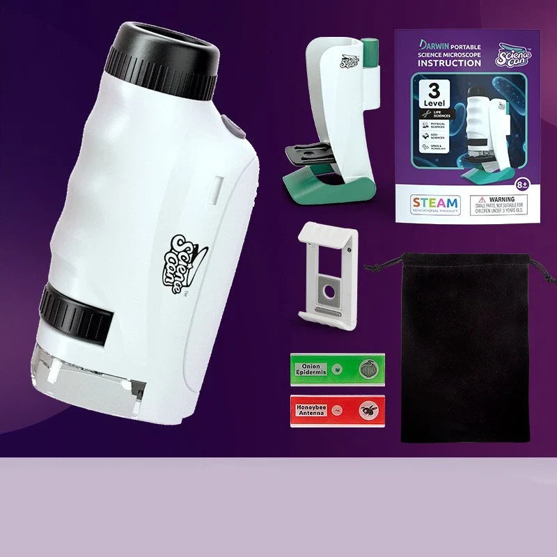 Premium portable mini microscope with glass slides, perfect for young scientists to explore the natural world