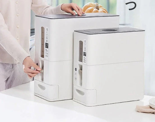 Premium pet food storage bucket in white and red colours, featuring an airtight, moisture-proof design and precise weight markings for convenient storage and portion control.