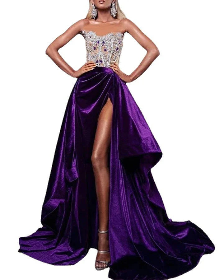 A glamorous purple sequin cocktail dress with a small train, sleeveless design, and rhinestone embellishments, suitable for special occasions in the UK.