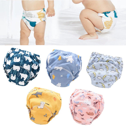 Baby reusable cloth diaper pants in dark blue, light blue, and pink, sizes S, M, L