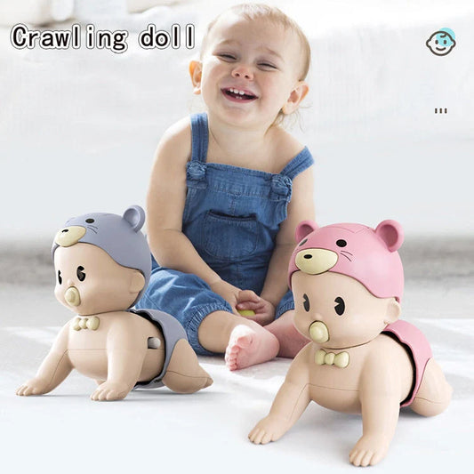 Electric crawler baby doll in blue and pink, encouraging early crawling skills