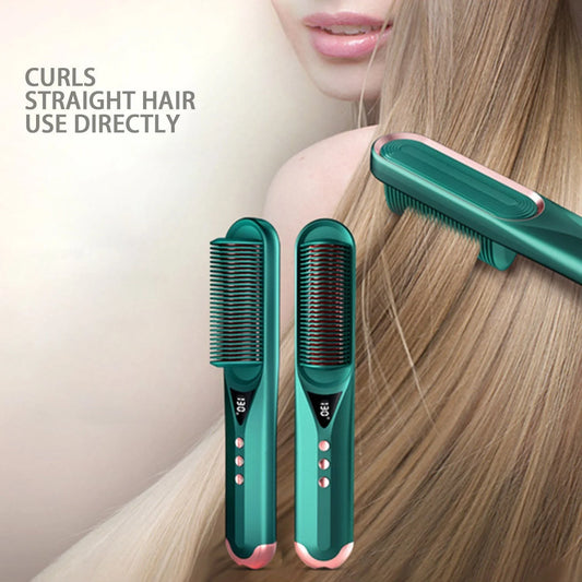 Dark green beard comb with PTC heating for straight and curly hair