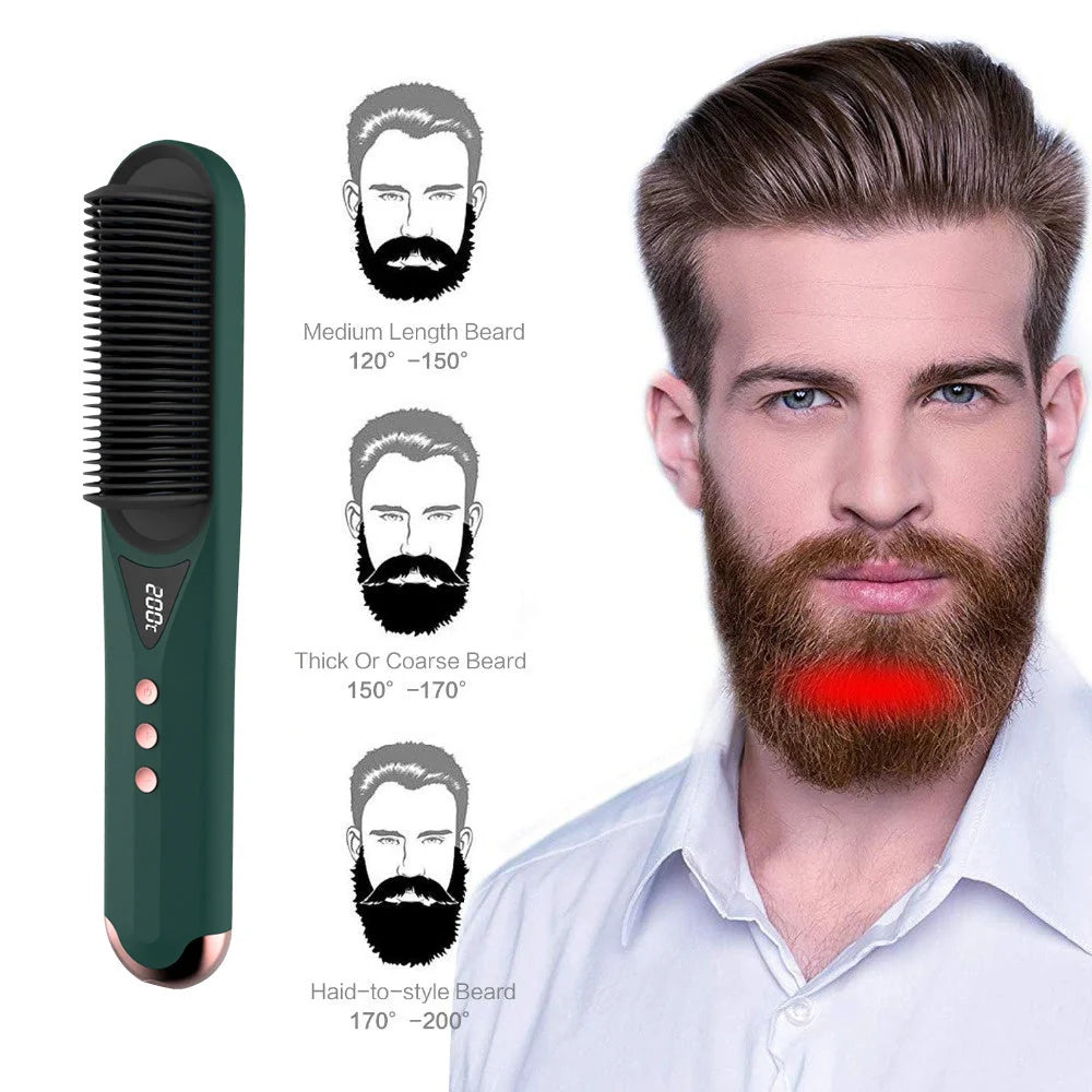 Dark green beard comb with PTC heating for straight and curly hair