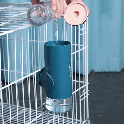 Convenient gravity-fed pet water dispenser with 360-degree swivel nozzle, attaches easily to cages and kennels