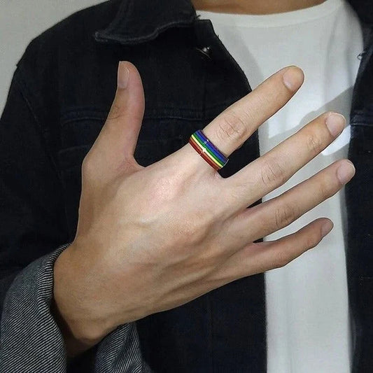 Stylish Pride Rainbow Titanium Steel Unisex Ring with vibrant color design and geometric pattern