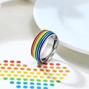 Stylish Pride Rainbow Titanium Steel Unisex Ring with vibrant color design and geometric pattern