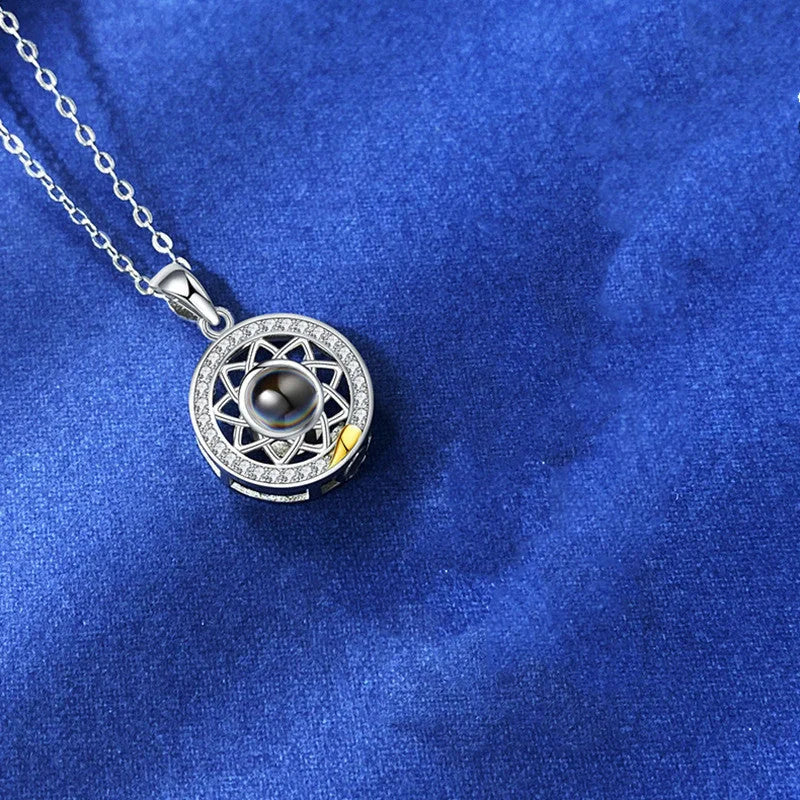 Sun and Moon Couple Necklaces with 100 Languages I Love You Projection in silver and gold