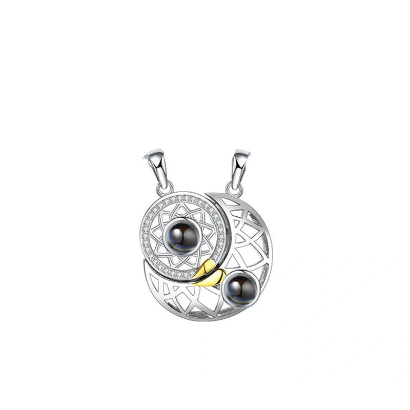 Sun and Moon Couple Necklaces with 100 Languages I Love You Projection in silver and gold