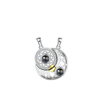Sun and Moon Couple Necklaces with 100 Languages I Love You Projection in silver and gold