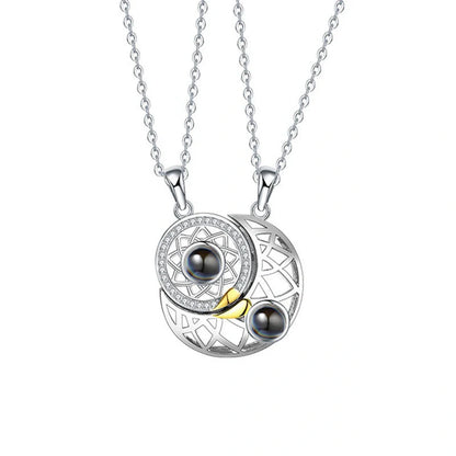 Sun and Moon Couple Necklaces with 100 Languages I Love You Projection in silver and gold