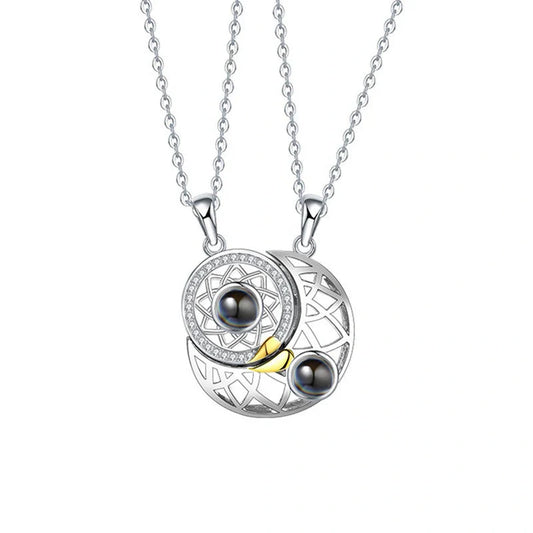 Sun and Moon Couple Necklaces with 100 Languages I Love You Projection in silver and gold