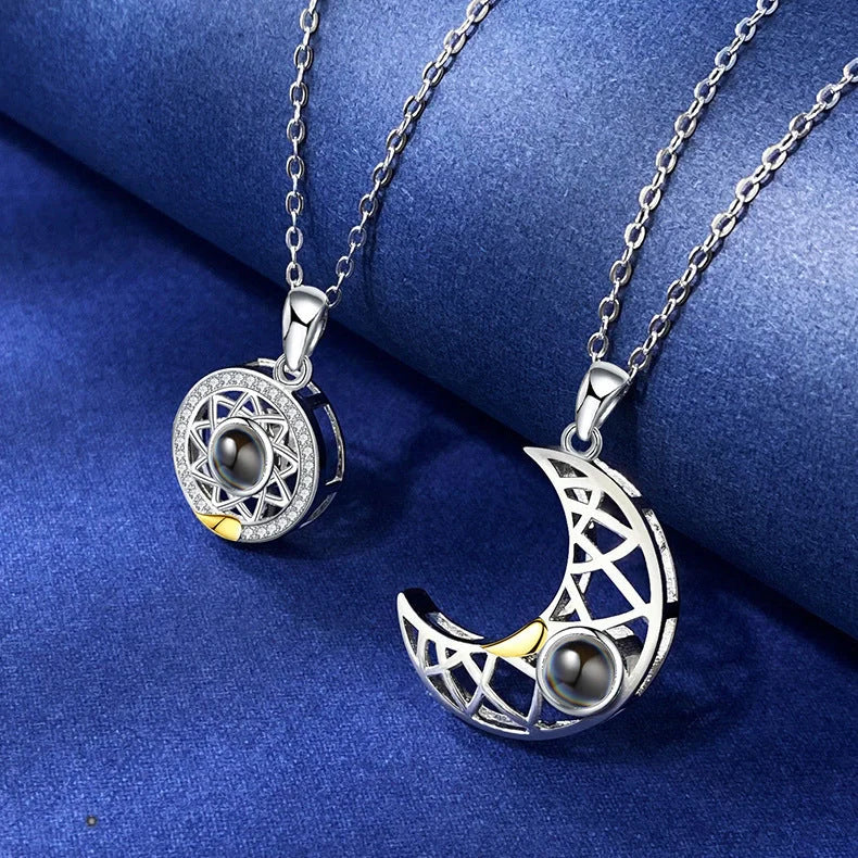 Sun and Moon Couple Necklaces with 100 Languages I Love You Projection in silver and gold