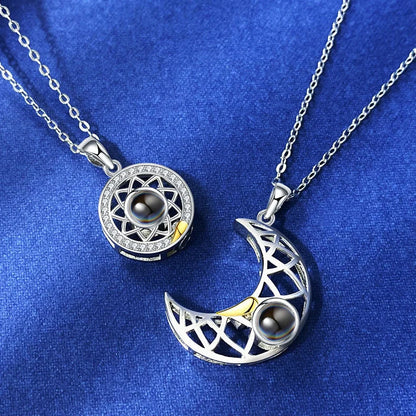 Sun and Moon Couple Necklaces with 100 Languages I Love You Projection in silver and gold