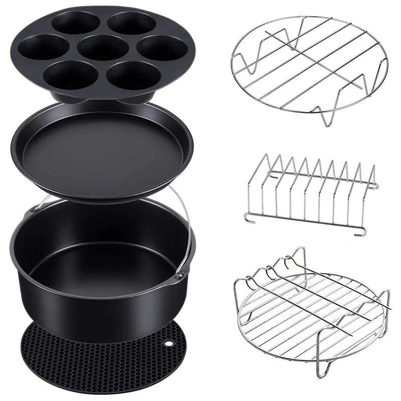 Premium 7-piece air fryer accessory set including silicone bakeware and grilling tools for versatile air frying