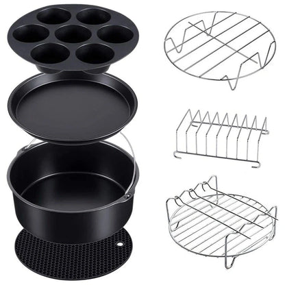 Premium 7-piece air fryer accessory set including silicone bakeware and grilling tools for versatile air frying