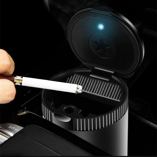 Premium car ashtray with secure lid, featuring one-handed open-and-close, odor-locking design, and flame-retardant materials for a discreet and convenient smoking experience in your vehicle.
