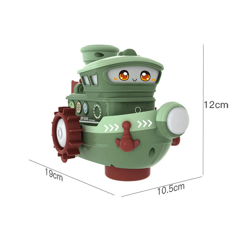 Electric water rotating spray ship toy in blue, green, and pink for baby bath time fun