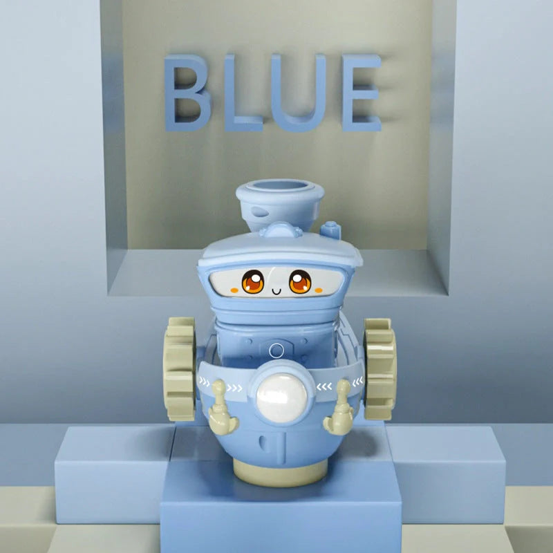 Electric water rotating spray ship toy in blue, green, and pink for baby bath time fun
