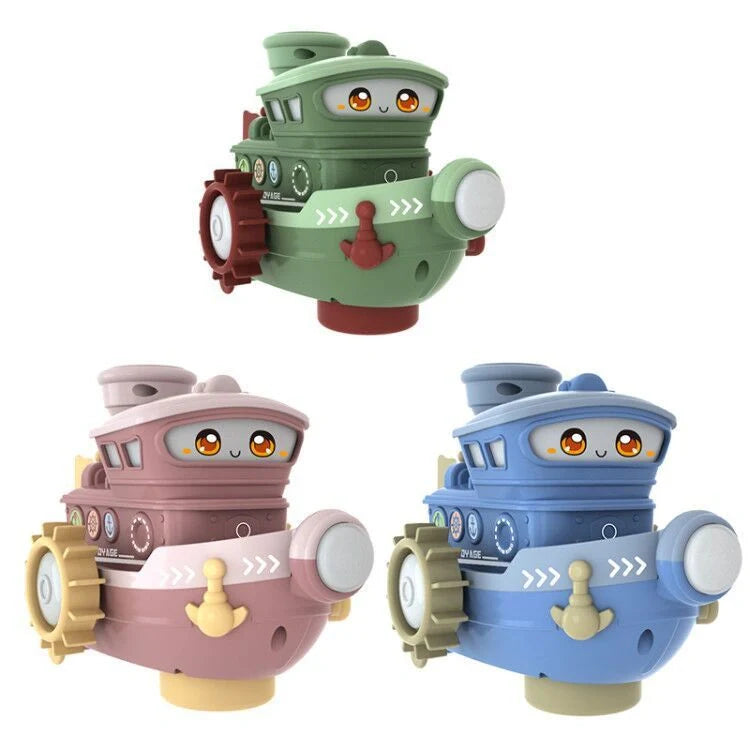 Electric water rotating spray ship toy in blue, green, and pink for baby bath time fun