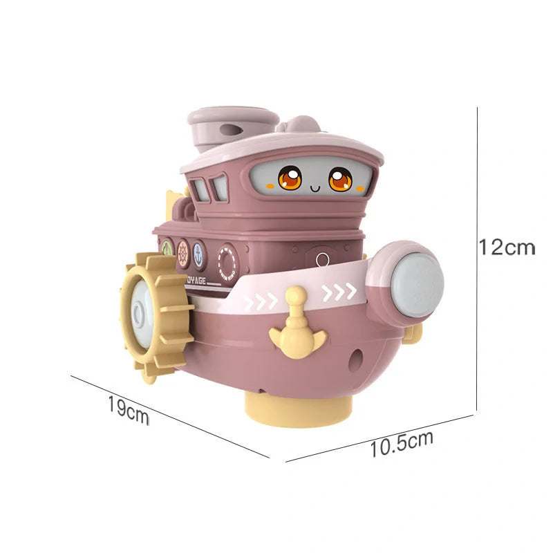 Electric water rotating spray ship toy in blue, green, and pink for baby bath time fun