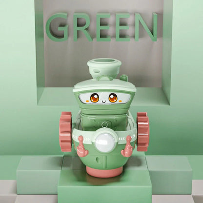 Electric water rotating spray ship toy in blue, green, and pink for baby bath time fun