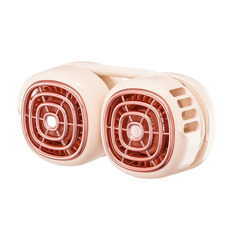 Portable hanging neck fan in pink, green, and white with dual air outlets and 360° rotation