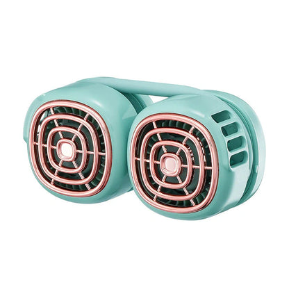 Portable hanging neck fan in pink, green, and white with dual air outlets and 360° rotation