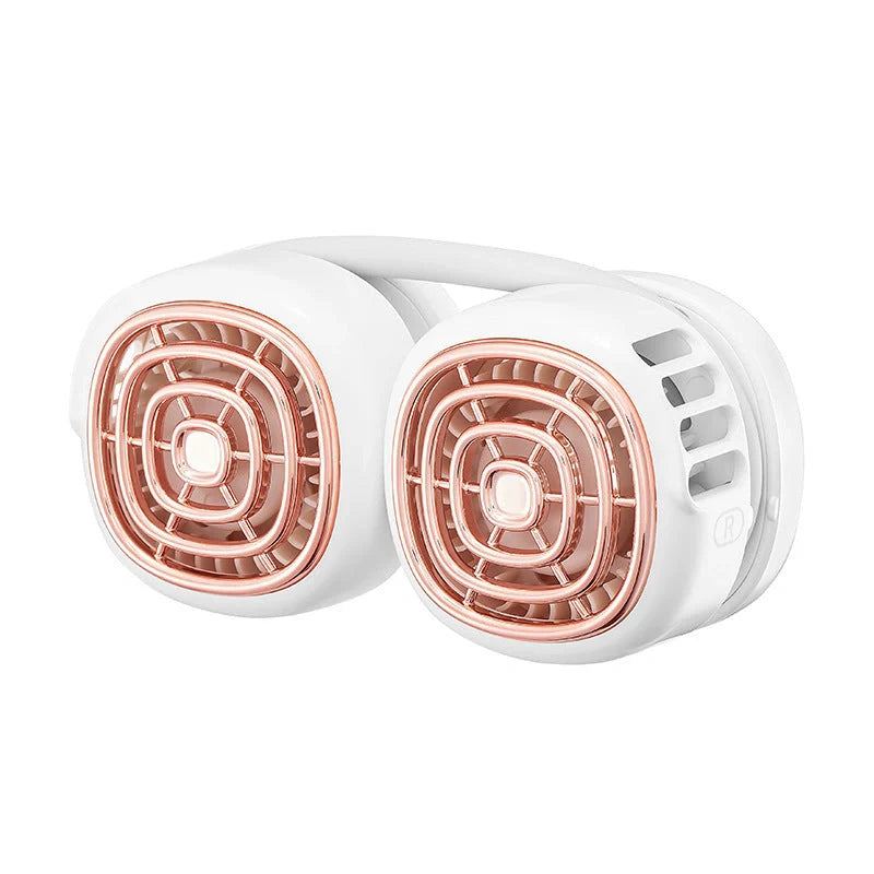 Portable hanging neck fan in pink, green, and white with dual air outlets and 360° rotation