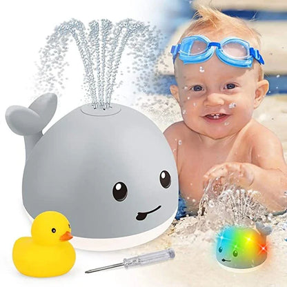 Adorable whale-shaped water sprinkler toy with LED lights and music for baby bath time entertainment