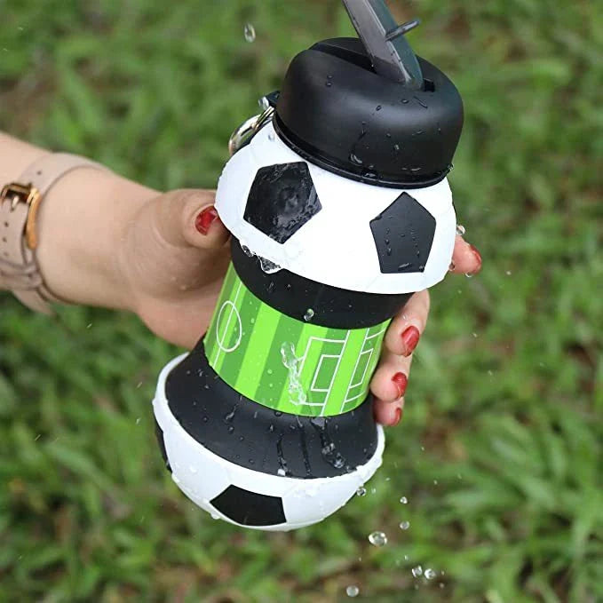 Foldable football-shaped silicone water bottle with straw - a durable, leak-proof, and eco-friendly travel companion for sports, hiking, and everyday hydration needs.