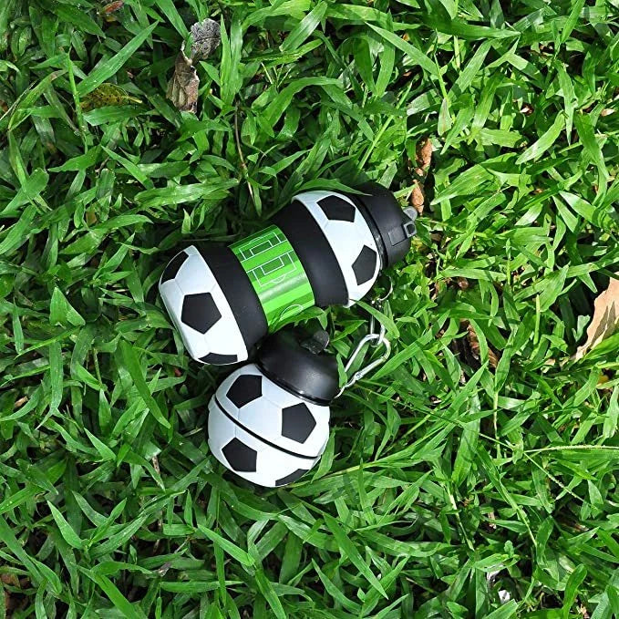 Foldable football-shaped silicone water bottle with straw - a durable, leak-proof, and eco-friendly travel companion for sports, hiking, and everyday hydration needs.