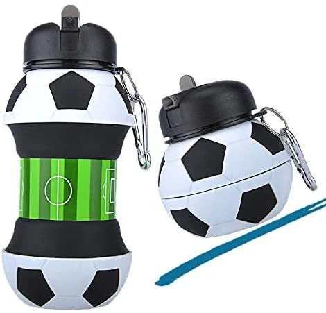 Foldable football-shaped silicone water bottle with straw - a durable, leak-proof, and eco-friendly travel companion for sports, hiking, and everyday hydration needs.