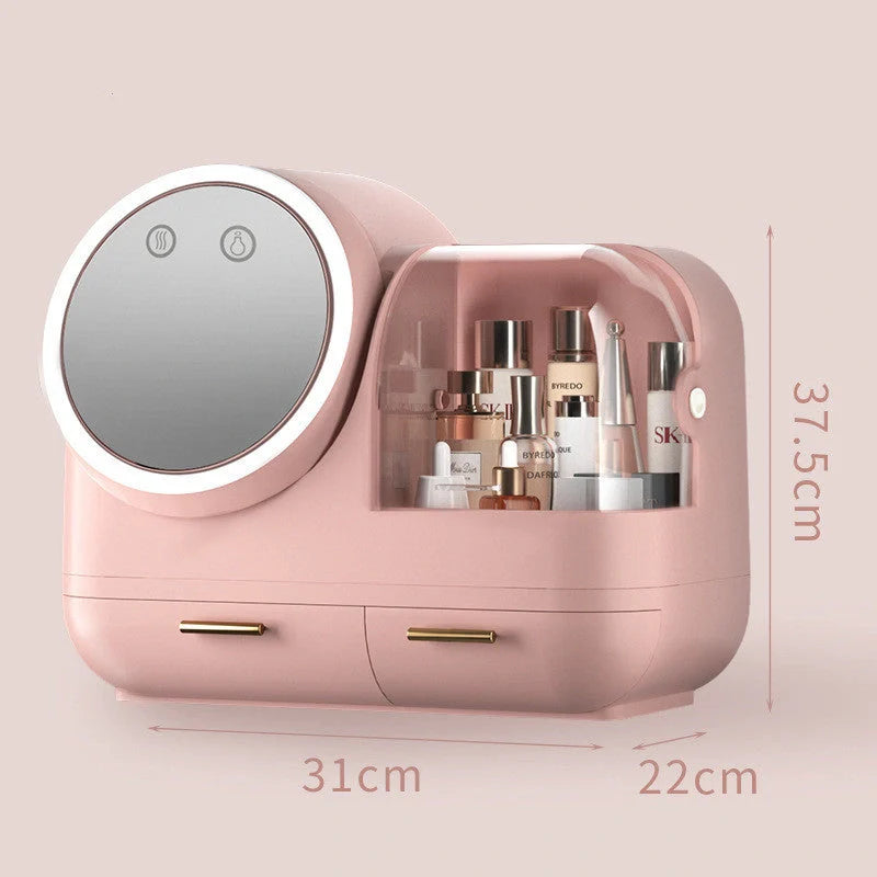 Makeup storage box with LED mirror and soft wind fan in green, pink, and white