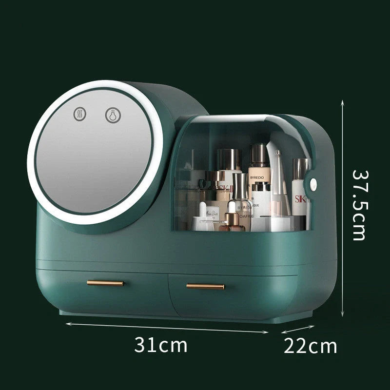 Makeup storage box with LED mirror and soft wind fan in green, pink, and white