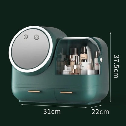 Makeup storage box with LED mirror and soft wind fan in green, pink, and white