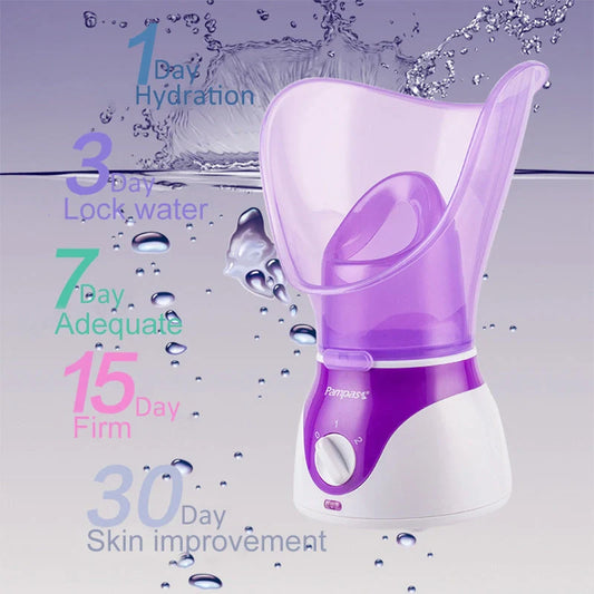 Purple facial steamer with dual conical cones for deep pore cleansing