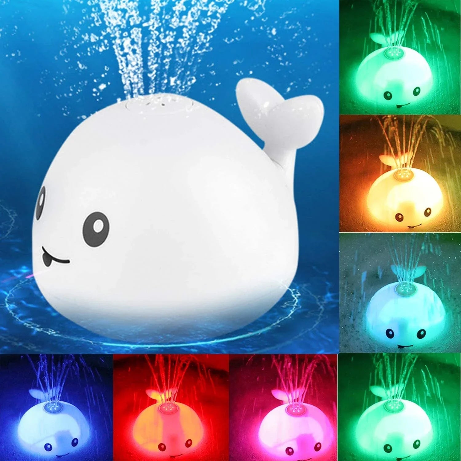 Adorable whale-shaped water sprinkler toy with LED lights and music for baby bath time entertainment