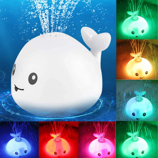 Adorable whale-shaped water sprinkler toy with LED lights and music for baby bath time entertainment