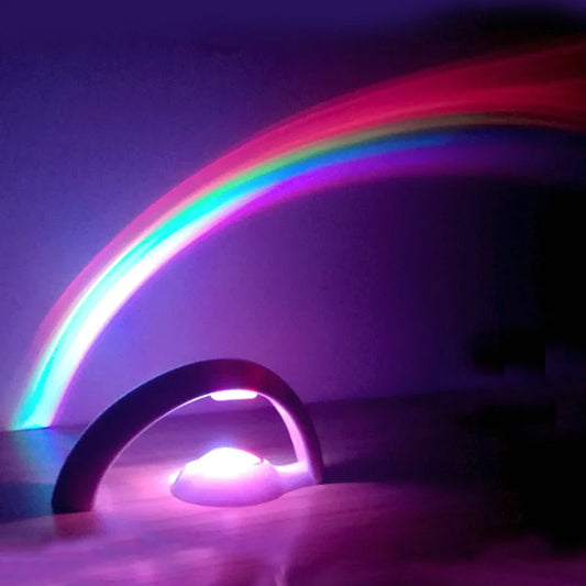 Enchanting rainbow projection lamp with vibrant multi-coloured LED lighting, creating a calming, relaxing atmosphere in the bedroom