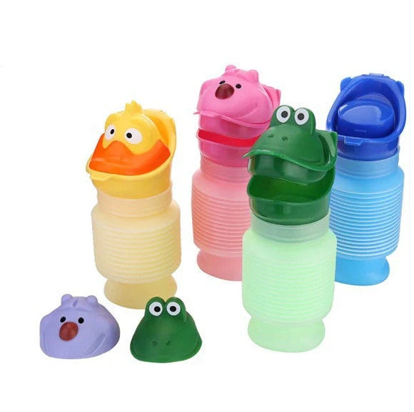 Adjustable portable travel emergency urinal for kids in pink, green, and yellow
