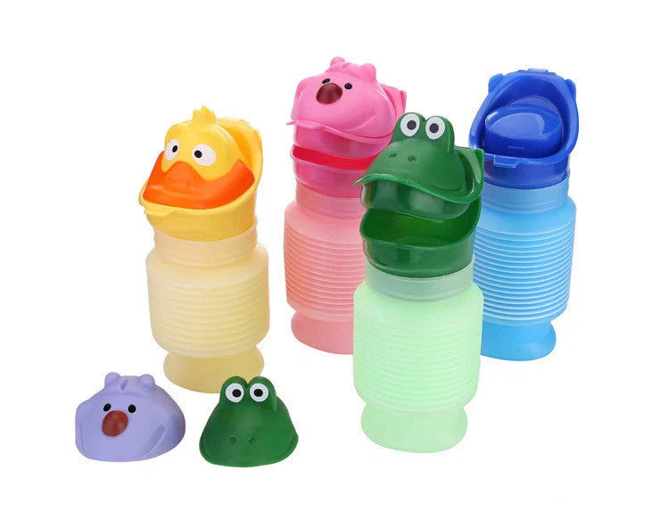 Adjustable portable travel emergency urinal for kids in pink, green, and yellow