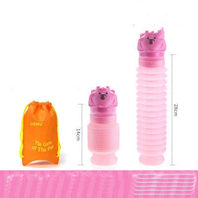 Adjustable portable travel emergency urinal for kids in pink, green, and yellow