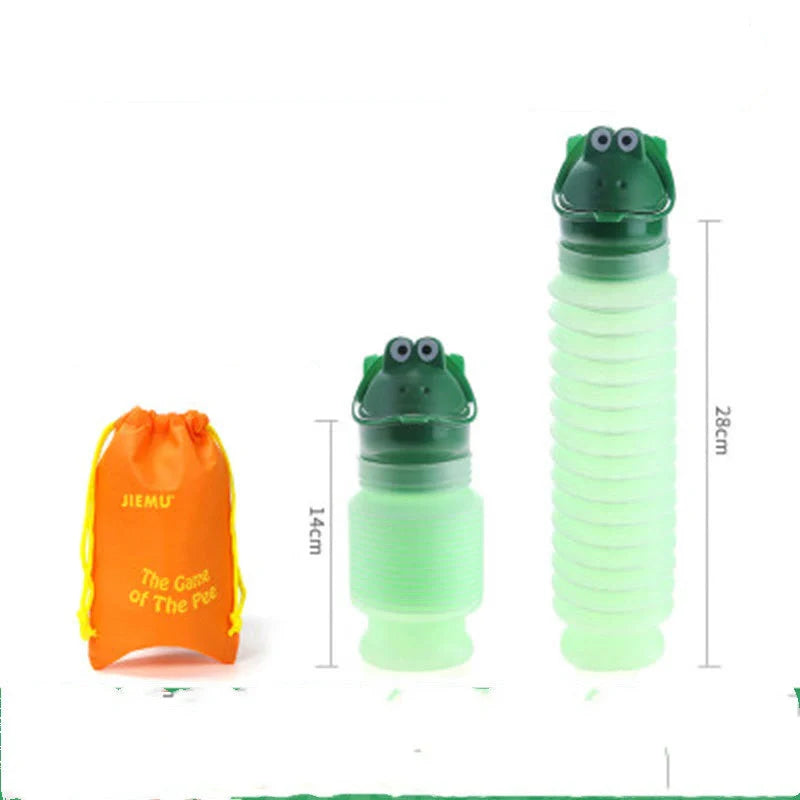 Adjustable portable travel emergency urinal for kids in pink, green, and yellow
