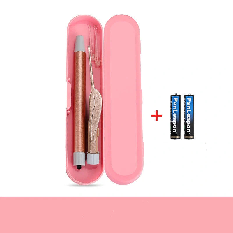 LED Light Ear Wax Removal Tool with magnifying glass and soft spoon head in blue, rose gold, and pink