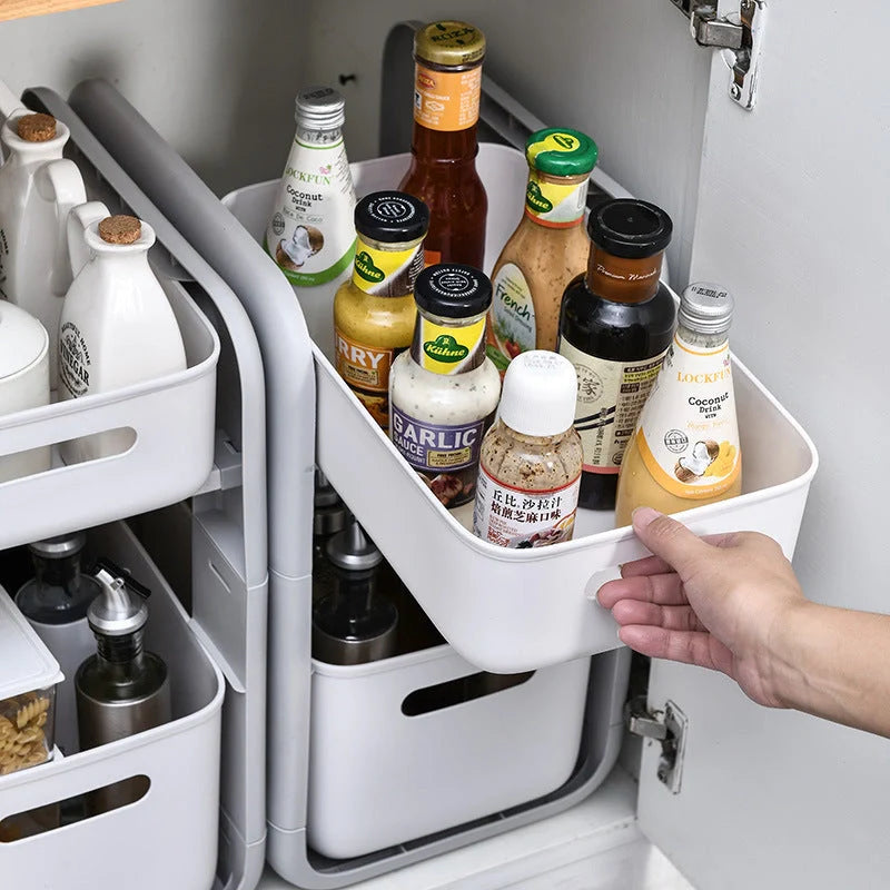 White 2-tier kitchen storage rack with pull-out drawers for easy organisation