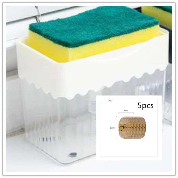 Sleek 2-in-1 soap dispenser and sponge caddy with push-button operation, modern design, and large 380ml capacity